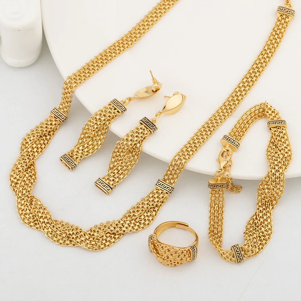 Dubai Gold Plated Jewelry Set for Women Fashion Personality Necklace Set Personality Drop Earrings Charm Bracelet Ring Jewellery