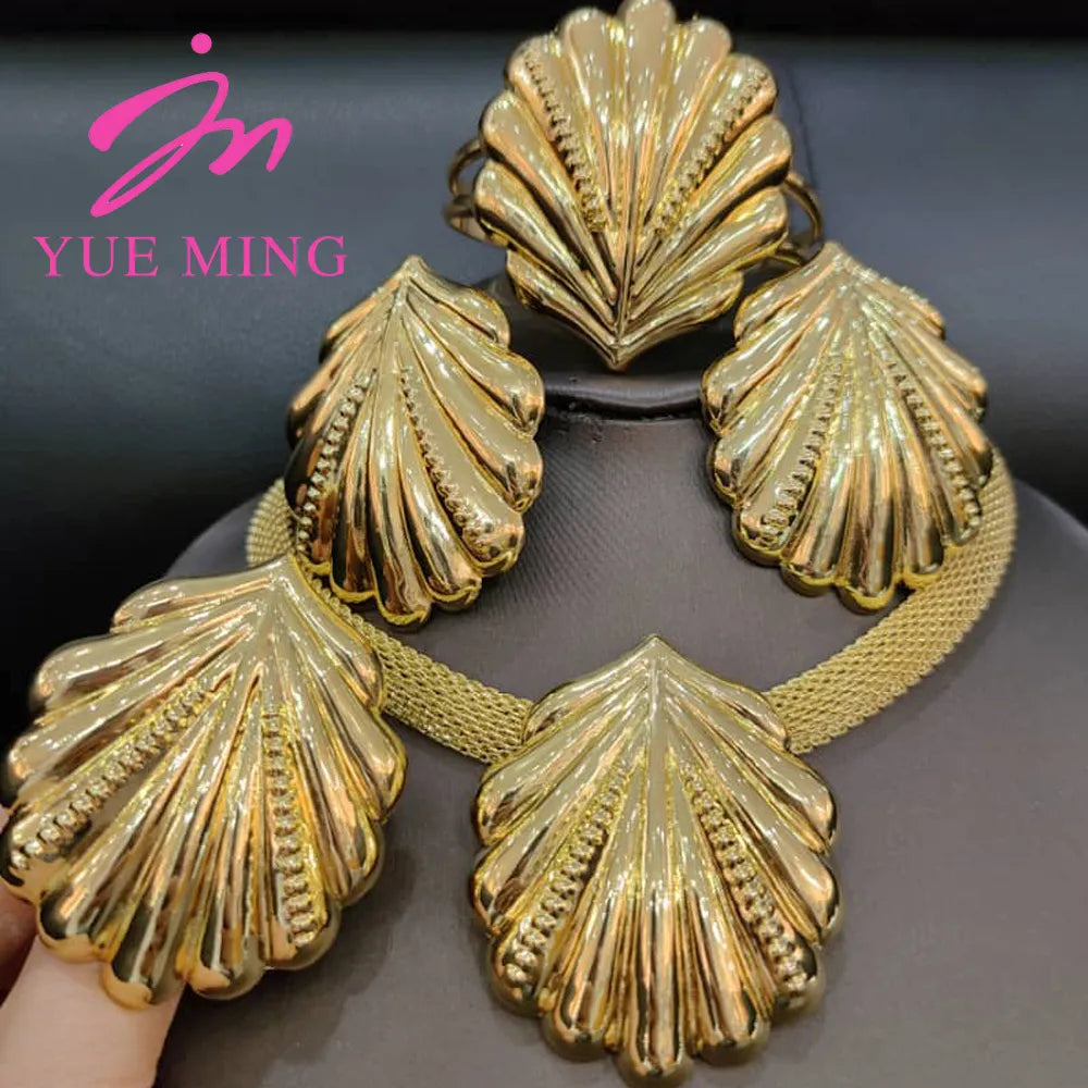 Dubai Gold Color Jewelry Women African Necklace Earrings Bracelet Rings Set Nigerian Bridal Jewelry African Wedding Accessories - YUEMING JEWELRY