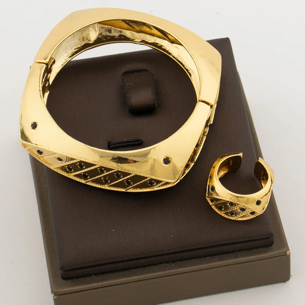 Brazilian Bangle with Ring Jewelry Set for Party 18k Gold Color Hand Bracelet Cocktail Ring 2Pcs Set for Weddings Engagement