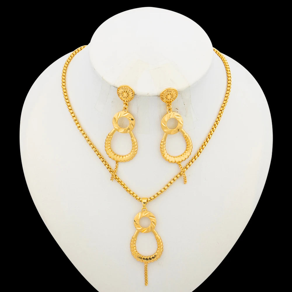 Ethiopia Golden Plated Jewelry Set Ladies Elegant Necklace and Earrings 2Pcs/Set Afican Dubai Party Bridal Jewelry Accessories