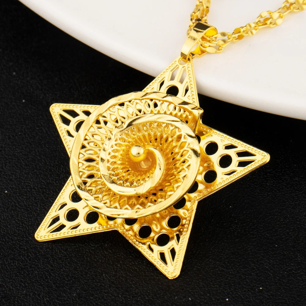Gold Plated Star Shape Necklace Women's Earrings Ring Set Dubai Wedding Gold Jewelry 2 Piece Set Christmas Party Favor