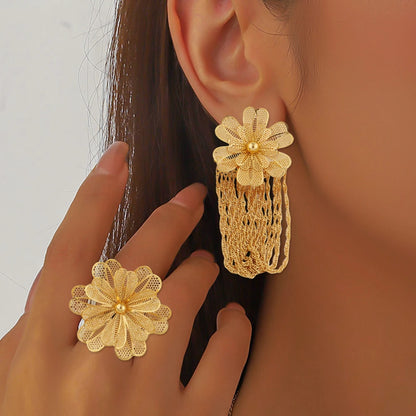 Stainless Steel Gold Color Flower Tassel Rings Earrings For Women Trendy Aesthetic High Quality Jewerly Wedding Party Gift