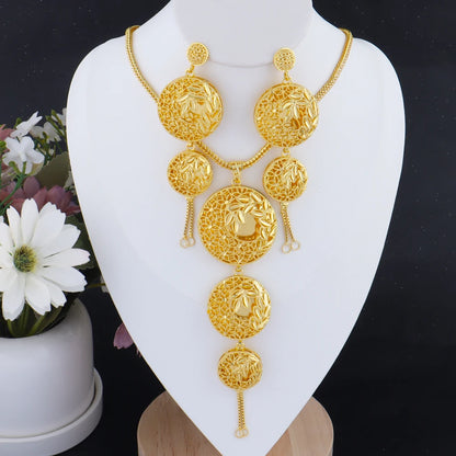 Luxury Dubai Jewelry Earrings Necklace Jewelry Sets For Women India Gold Color Hollow Design Wedding Accessory Bridal Party Gift