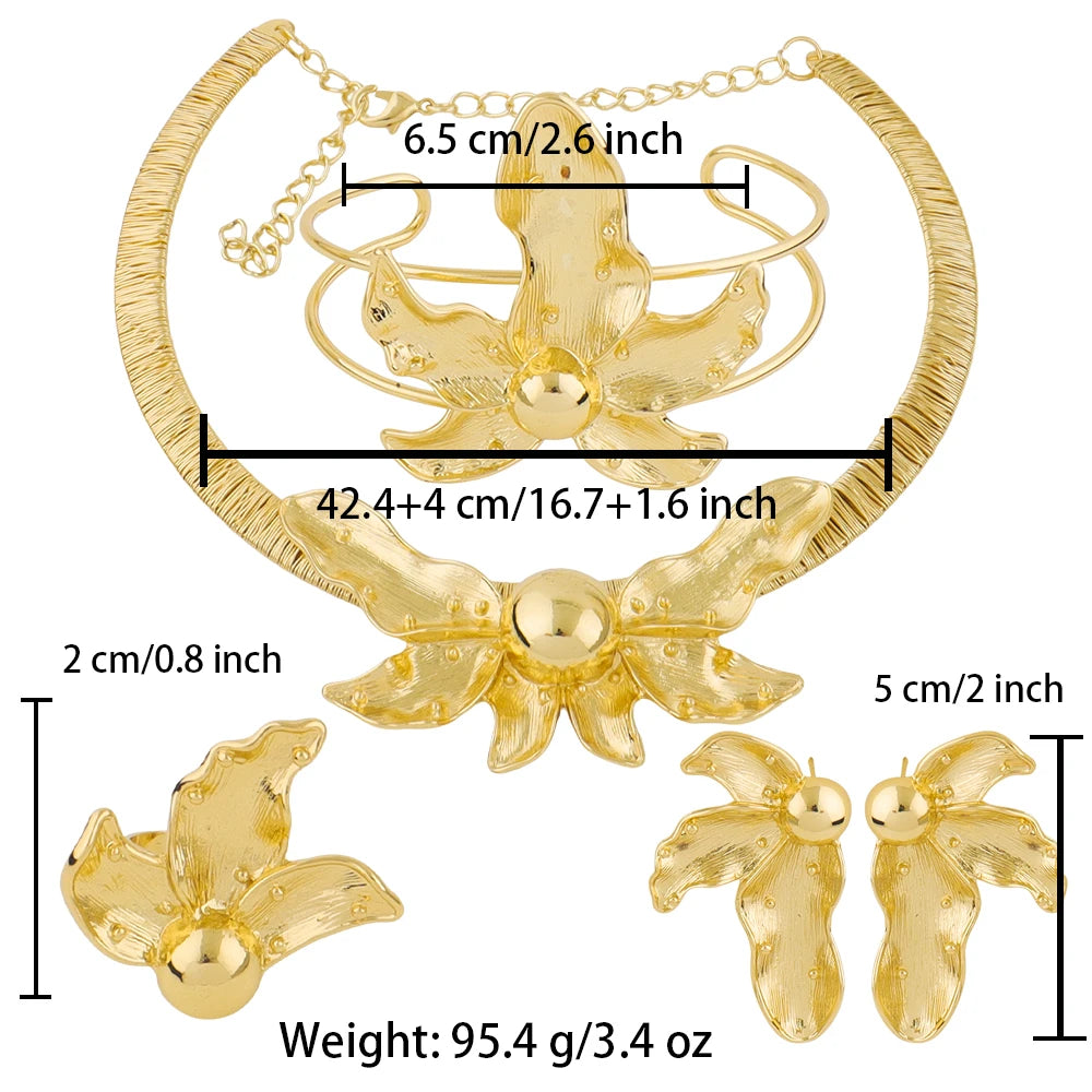 African Gold Plated Fallen Flowers Design Necklace Earrings Bracelet Ring Jewelry Set for Women Classic Gold Color Party Gift