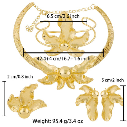 African Gold Plated Fallen Flowers Design Necklace Earrings Bracelet Ring Jewelry Set for Women Classic Gold Color Party Gift