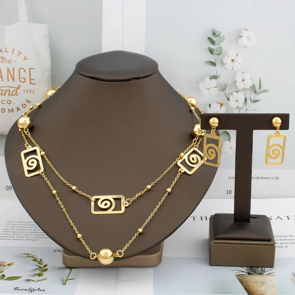Dubai Bead Chain & Rose Flower Pendant Set, Long Necklace Earring Set for Bride Luxury Jewelry Sets Women Gift
