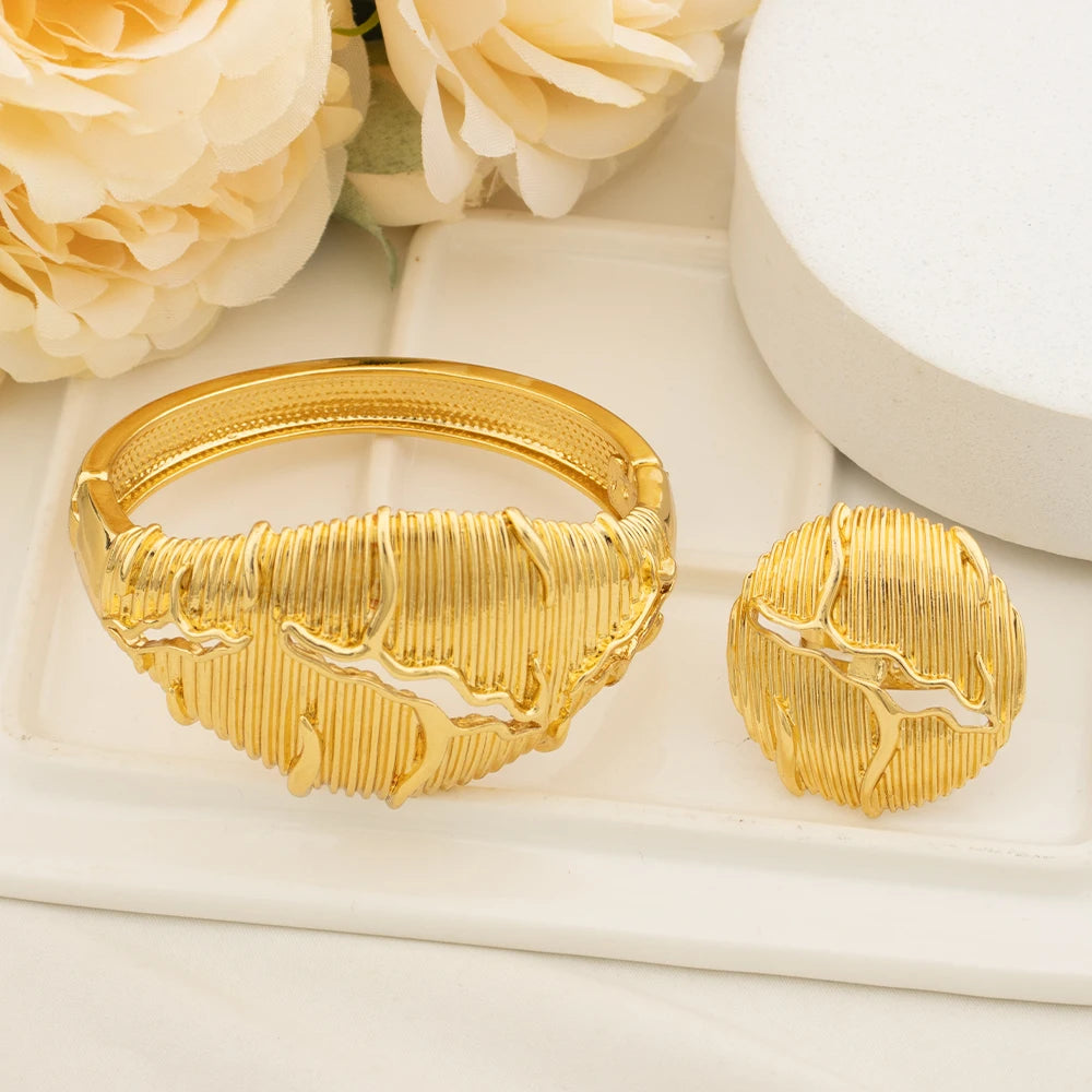 Dubai Cuff Bangle & Ring Set, Chunky Luxury Italian African Bracelet for Wedding & Daily Wear, Elegant Jewelry Women Se