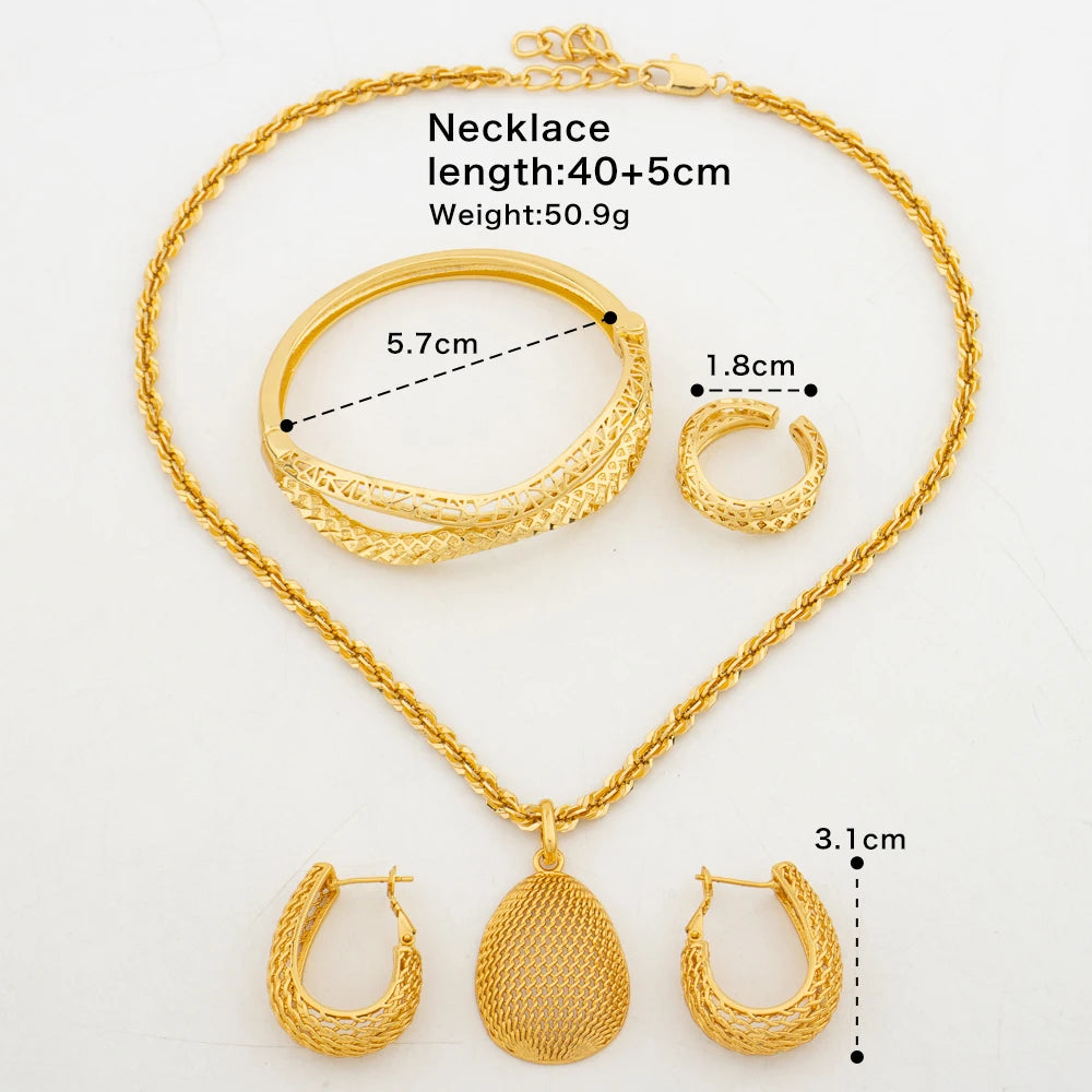 Trend Gold Color Jewelry Set for Party Water Drop Design Earrings and Pendant Necklace Bracelet Ring Set for Engagement Jewelry