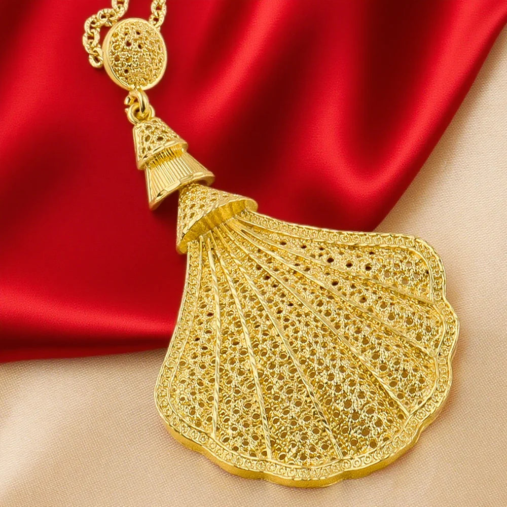 Dubai sea-shell gold-tone necklace, earrings & ring set for women, elegant bridal gift, Nigeria wedding party jewelry, boxed
