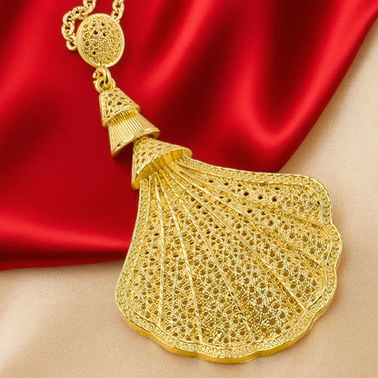 Dubai sea-shell gold-tone necklace, earrings & ring set for women, elegant bridal gift, Nigeria wedding party jewelry, boxed