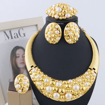 Dubai Gold Silver Plated Jewelry Set Luxury Women Original Necklace Earrings Pearl Bracelet Ring Bridal Wedding Party Gift