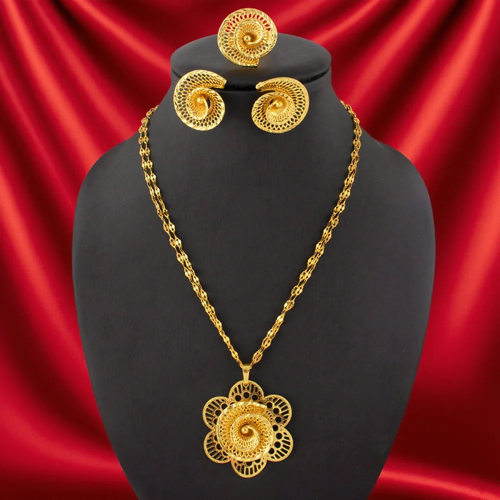 24K Yellow Gold Color  Flower Pendant Necklace Ring Earrings 3pcs Jewelry Set Middle Eastern Luxury Flower Copper Jewelry