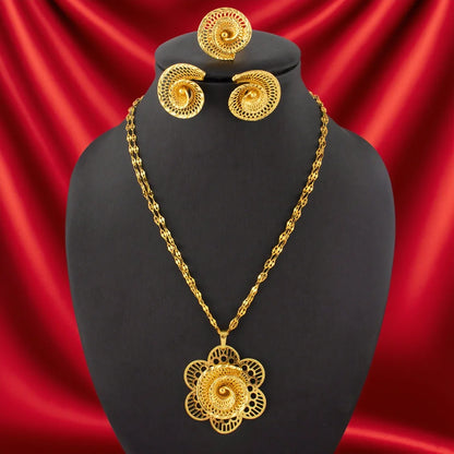 24K Yellow Gold Color  Flower Pendant Necklace Ring Earrings 3pcs Jewelry Set Middle Eastern Luxury Flower Copper Jewelry