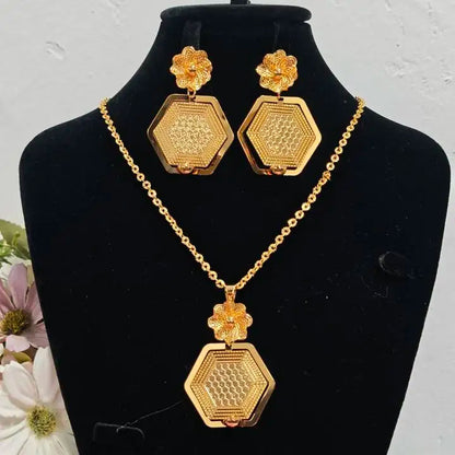 African Gold Color Women Necklace and Earrings Trend Dubai Flower Hollow Out Jewelry Set Gift For Party Wedding Daily Accessorie