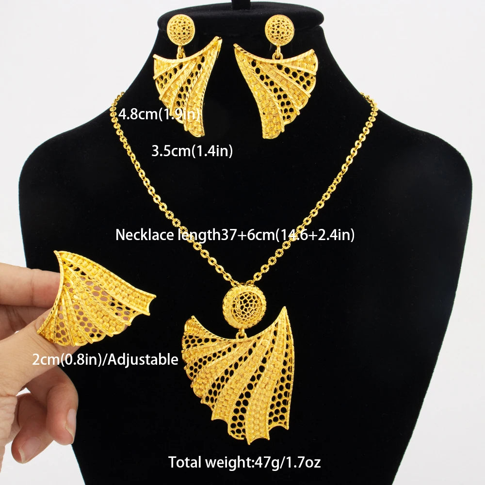 24k gold color party necklace earrings rings set luxury gold jewelry sets for woman wedding party Accessories