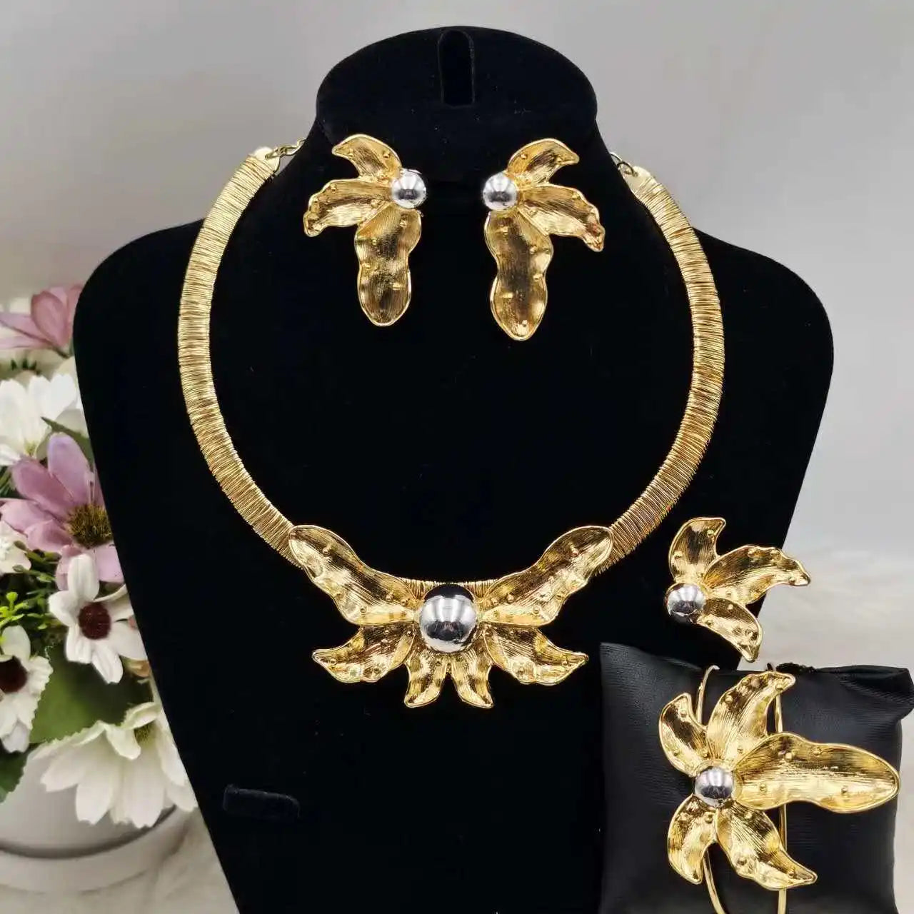 Luxury Bud Necklace Earrings Ring Bracelet Bridal Jewelry Set Women Wedding Party Favors Nigeria Dubai Style