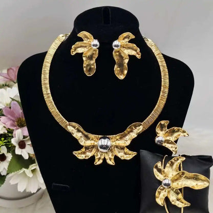 Luxury Bud Necklace Earrings Ring Bracelet Bridal Jewelry Set Women Wedding Party Favors Nigeria Dubai Style