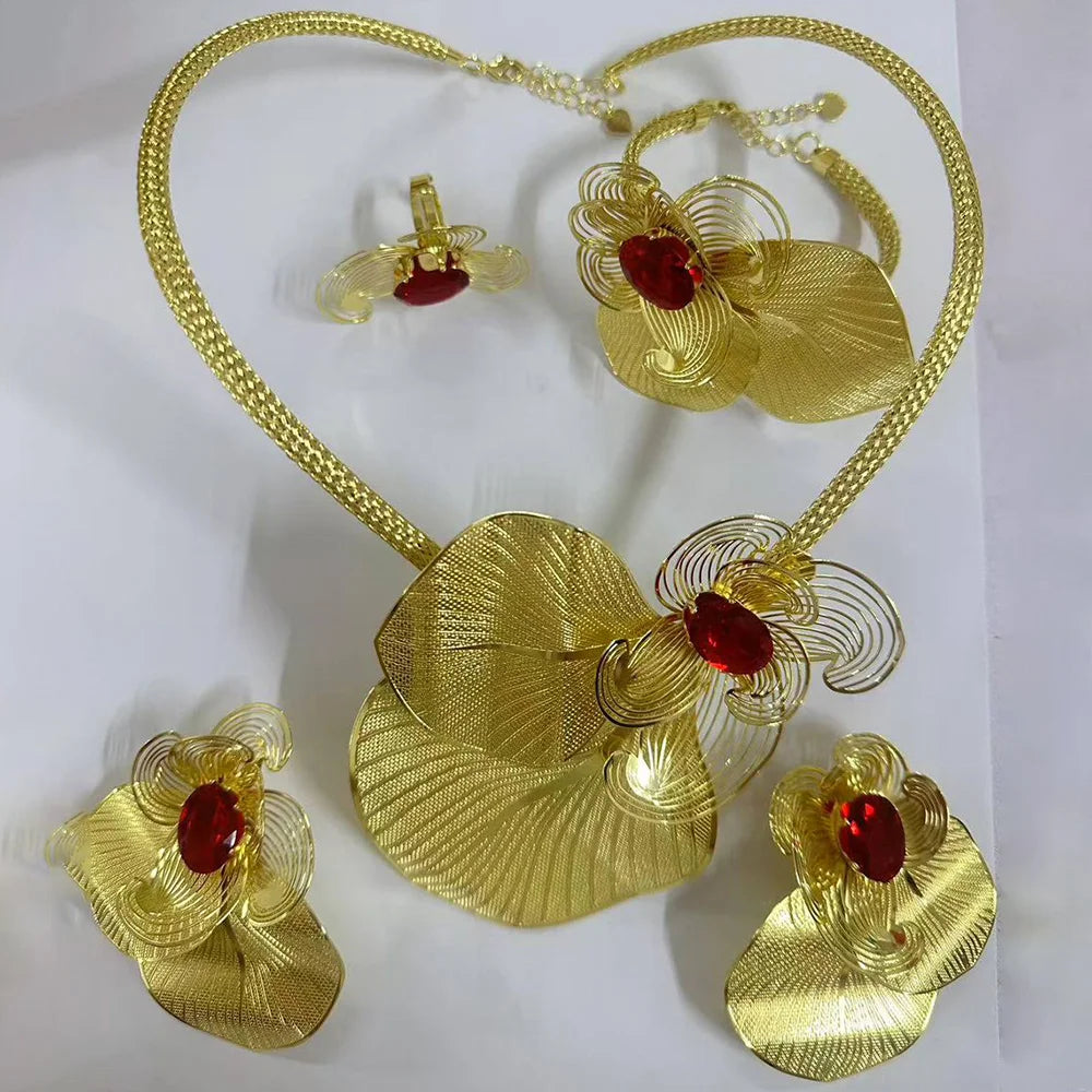 Luxury Crystal Design Jewelry Set for Women Bohemia Floral Design Necklace Drop Earrings Weddings Engagement Bracelet Ring Set