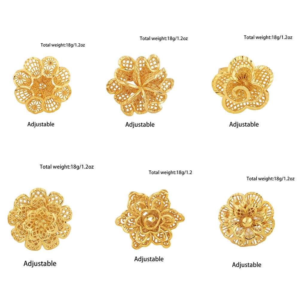 Ethiopia Dubai Flower Gold Color Arab Rings Resizable For Women 18K Gold Plated Wedding Jewelry African Party Gift