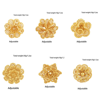 Ethiopia Dubai Flower Gold Color Arab Rings Resizable For Women 18K Gold Plated Wedding Jewelry African Party Gift
