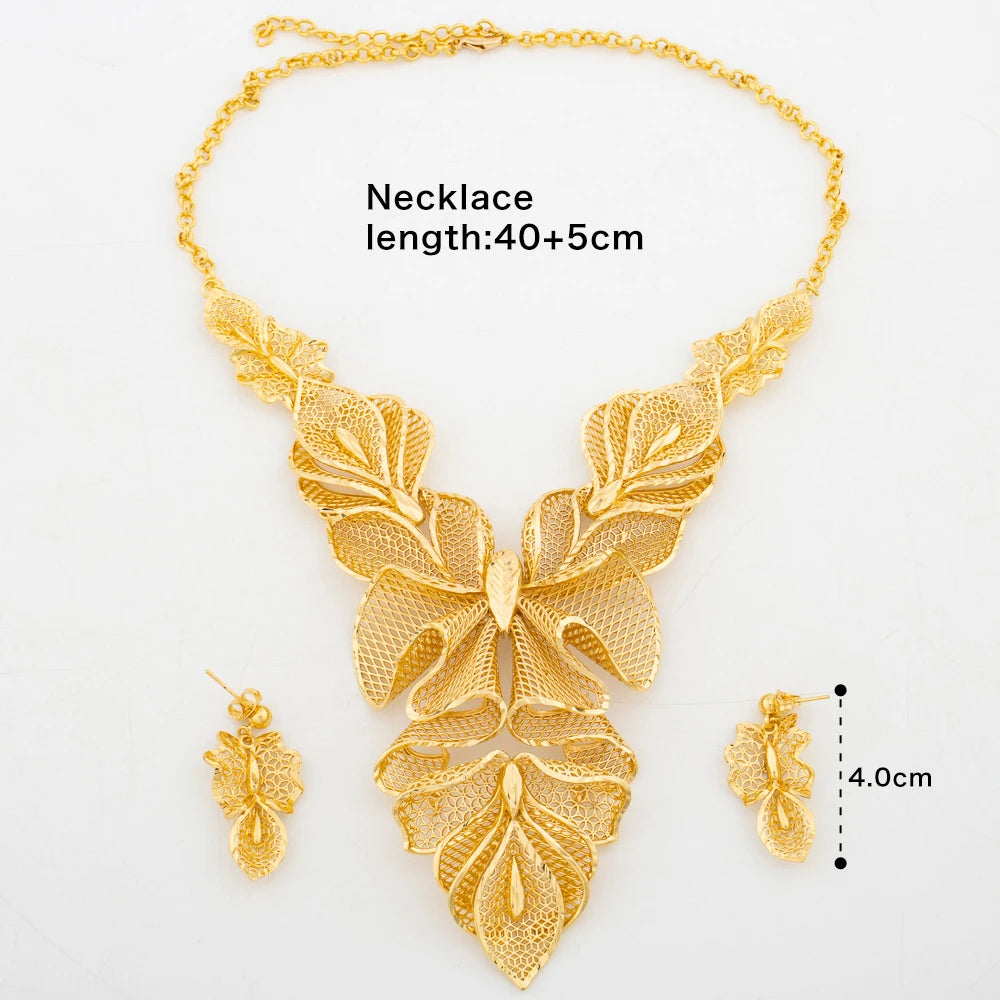 Women Necklace Earrings Italy Fashion Luxury Jewelry Set Bud Large Pendant Earrings Gold Plated Nigeria Dubai Party Jewelry Gift