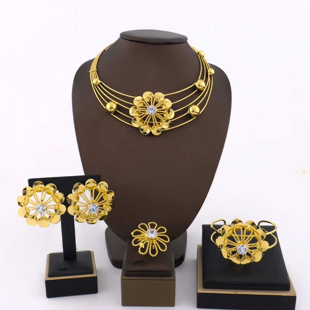 2025 Flower Jewelry Sets for African Women, Earrings Necklace Ring Bangle Gift for Party Valentine’s, Elegant Jewelry