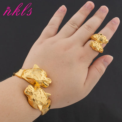 18K Gold-Plated Dubai Leopard Bracelet & Adjustable Ring, Copper Luxury Jewelry Gift for Women, Elegant Christmas Party Accessor