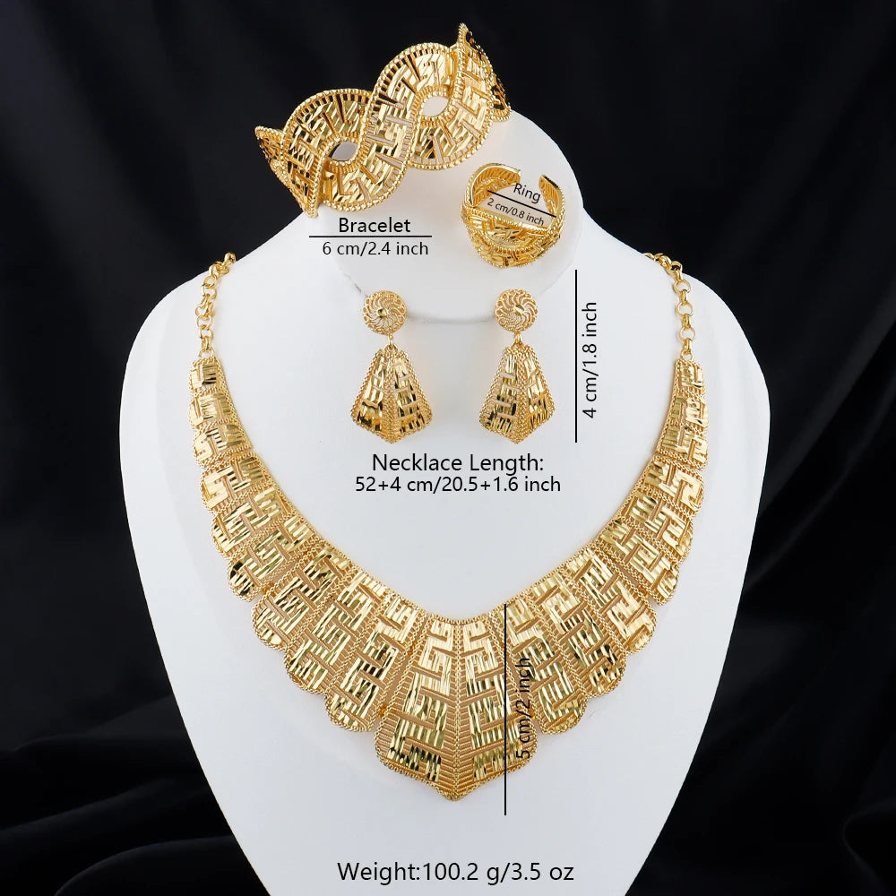 luxury gold plated necklace earrings bracelet ring set women 18k gold plated dubai jewelry set for Exquisite gifts