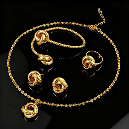 4pcs Set Classic Trendy Gold Color Circle Fried Dough Twist Necklace Earring Bracelet Ring for Women Design Sense Gifts