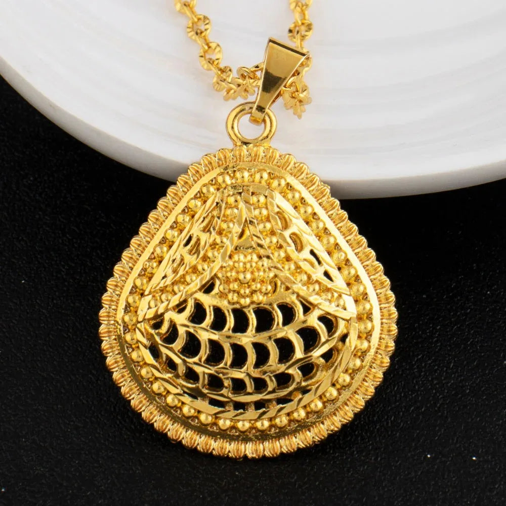 Arabian Gold-Tone Jewelry Set for Women, Earrings Pendant Ring, Moroccan Bridal Beach Wedding Party Gift