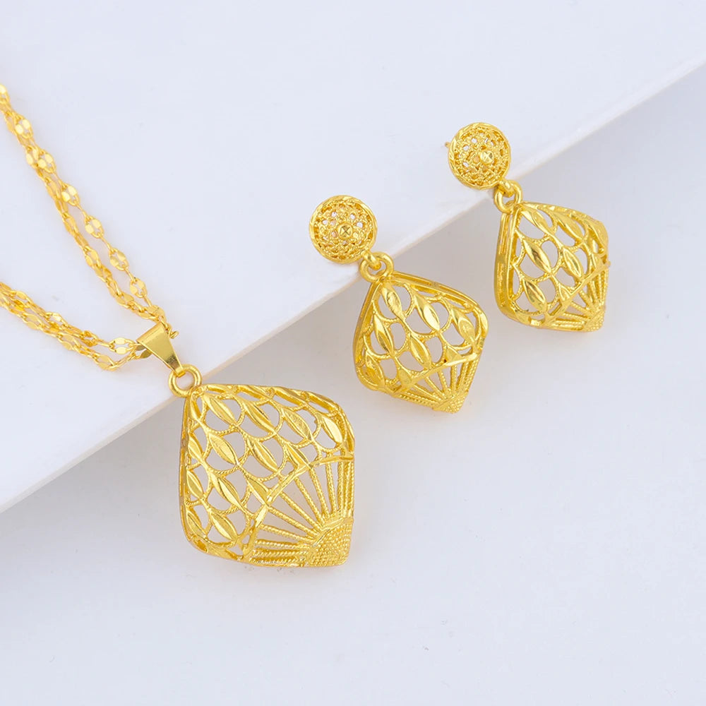 Fashion Gold Color Jewelry for Women Necklace Earrings Set Party Accessories Dubai India Africa Nigerian Bridal Gift