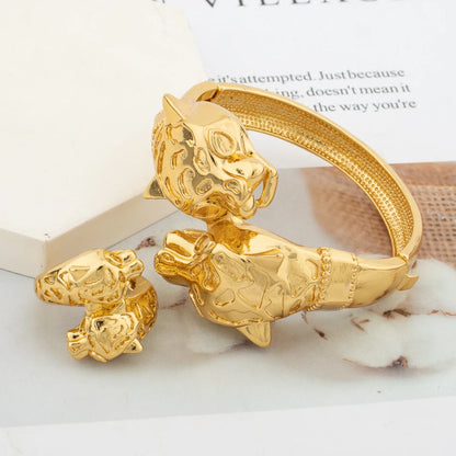 Luxury Bangle with Ring Jewelry Set for Party African Animal Design Cuff Bangle Finger Ring Set for Weddings Bracelet Jewelry