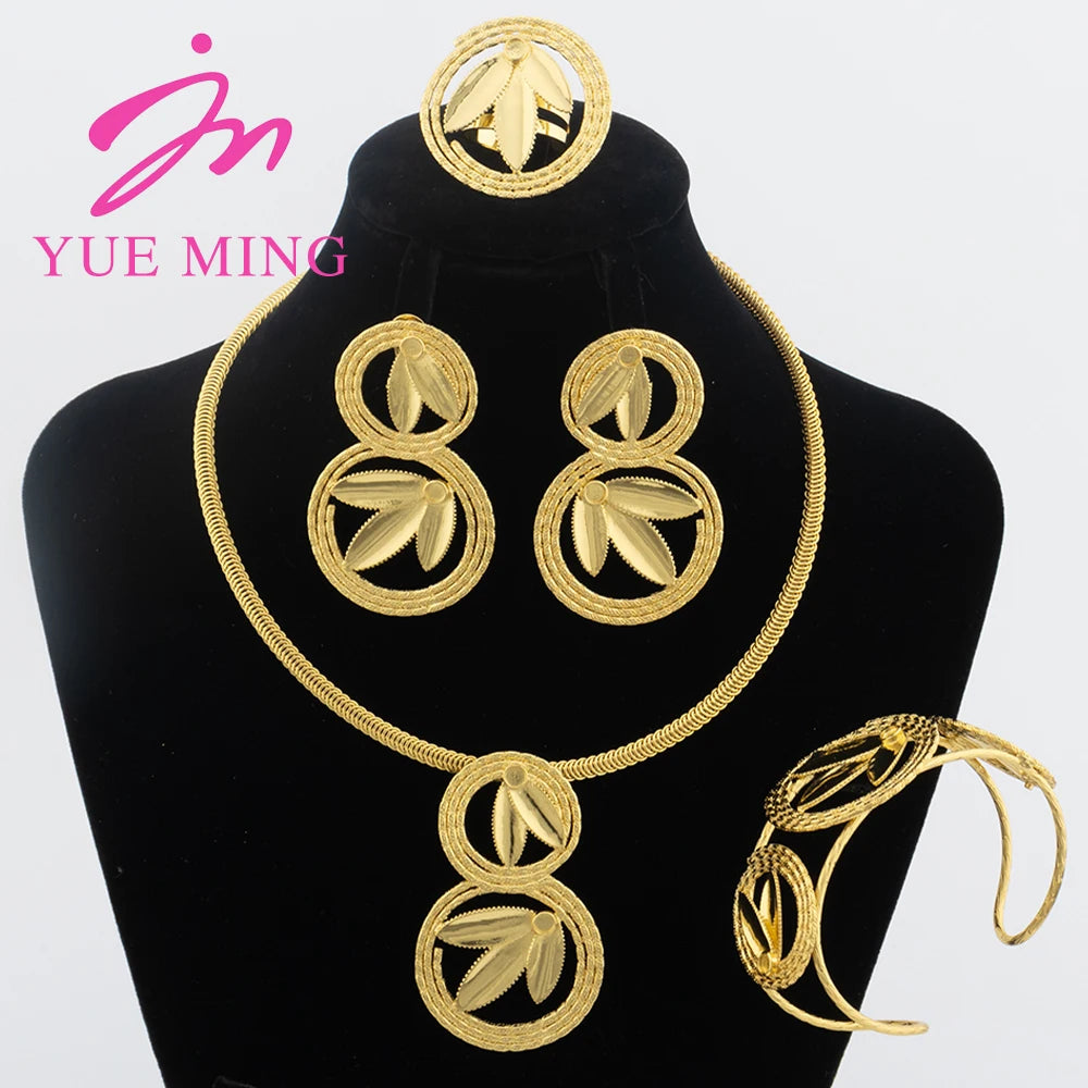 YM Gold Color Jewelry Set For Women Dubai African Wedding Bridal Necklace Copper Earrings Adjustable Ring Ethiopia Flower Bangle - YUEMING JEWELRY