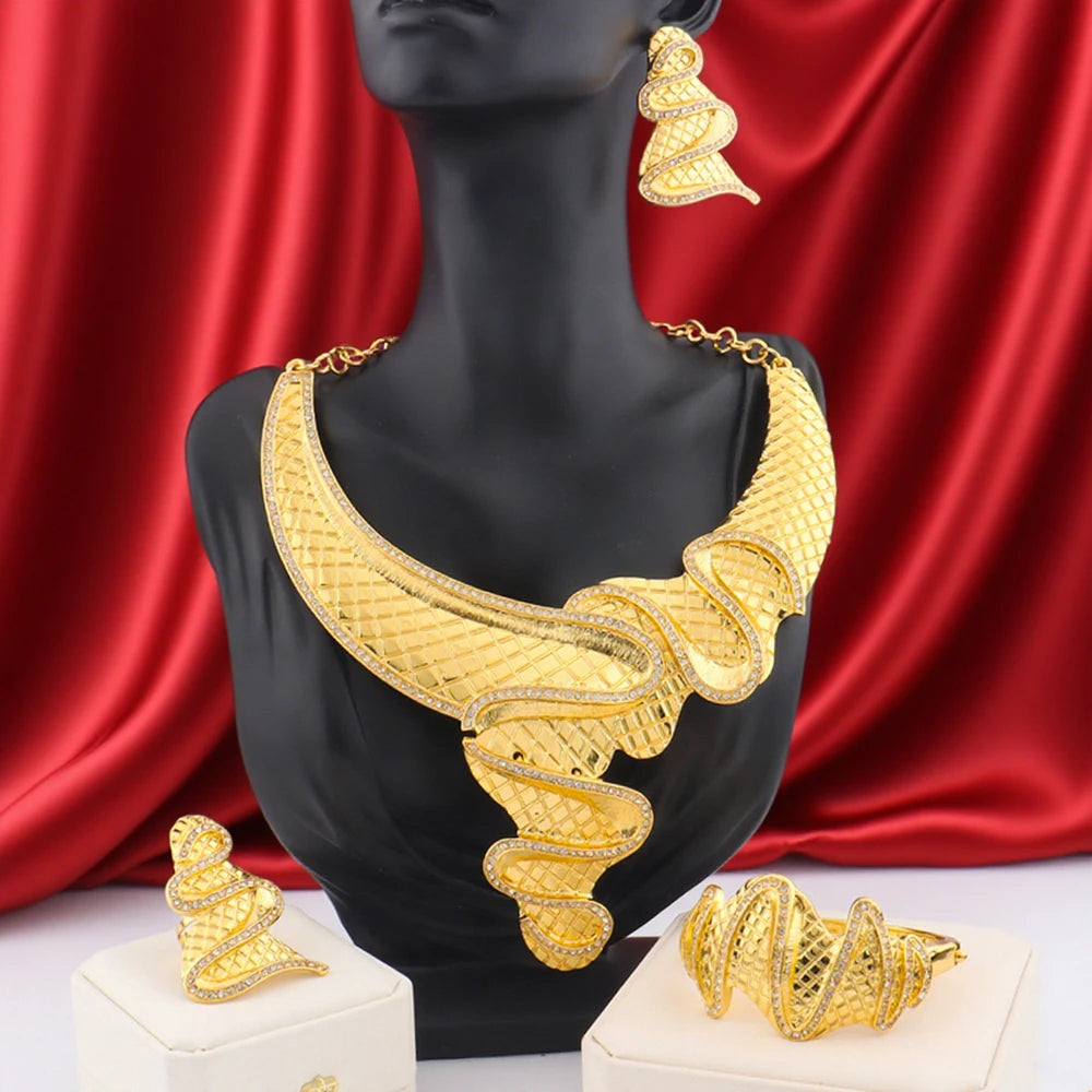 African Fashion Earrings Necklace Ring Bracelet Jewelry Set for Women Luxury Gold Color unique Design Italy Wedding Gift