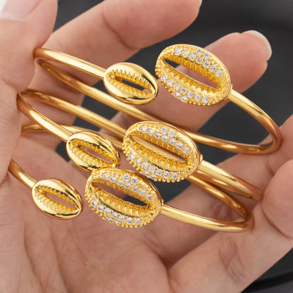 Gold Color Cuff Bangle Set for Nigeria Women Zircon Charm Bangle Shell Shape Hand Bracelet Jewelry Set Accessories wholesale