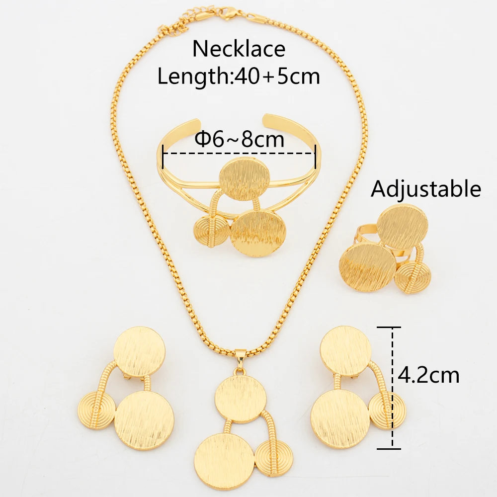 18K Gold Plated Dubai Jewelry Sets for Women New Round Earrings Pendant Necklace Cuff Bangle Ring Set Italian Wedding Accessory