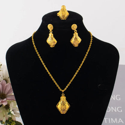 Mid East Luxury Gold Plated Necklace Ring Earrings Set for Women Gold Color Elegant Jewelry Gift for Nigeria Bride Wedding Party