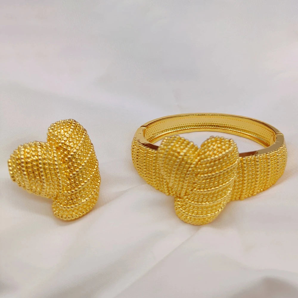 Gold Color Bangle with Ring Jewelry Set for Party Women Luxury Irregular Design Hand Bracelet Finger Ring 2Pcs Set for Weddings