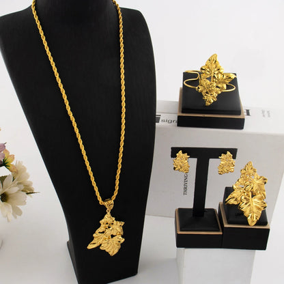 Saudi Arabia Gold Color Jewelry Set Ethiopia Women Luxury Long Chain Leaf Shape Earring Bangle Ring  For Party Dating Gift