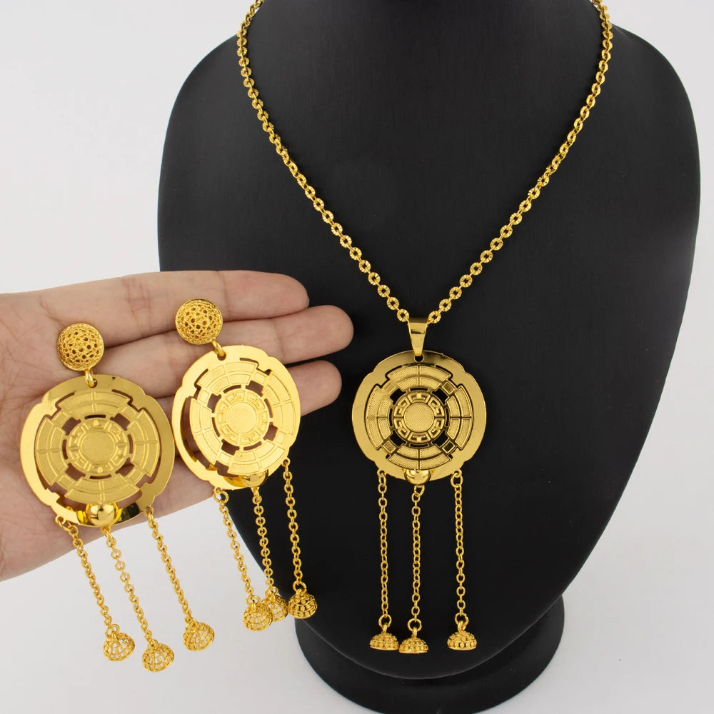 Gold Color Light Luxury Necklace Earrings Set for Women Tassels Gold Plated Jewelry Party Wedding Gift Accessoires Femmes