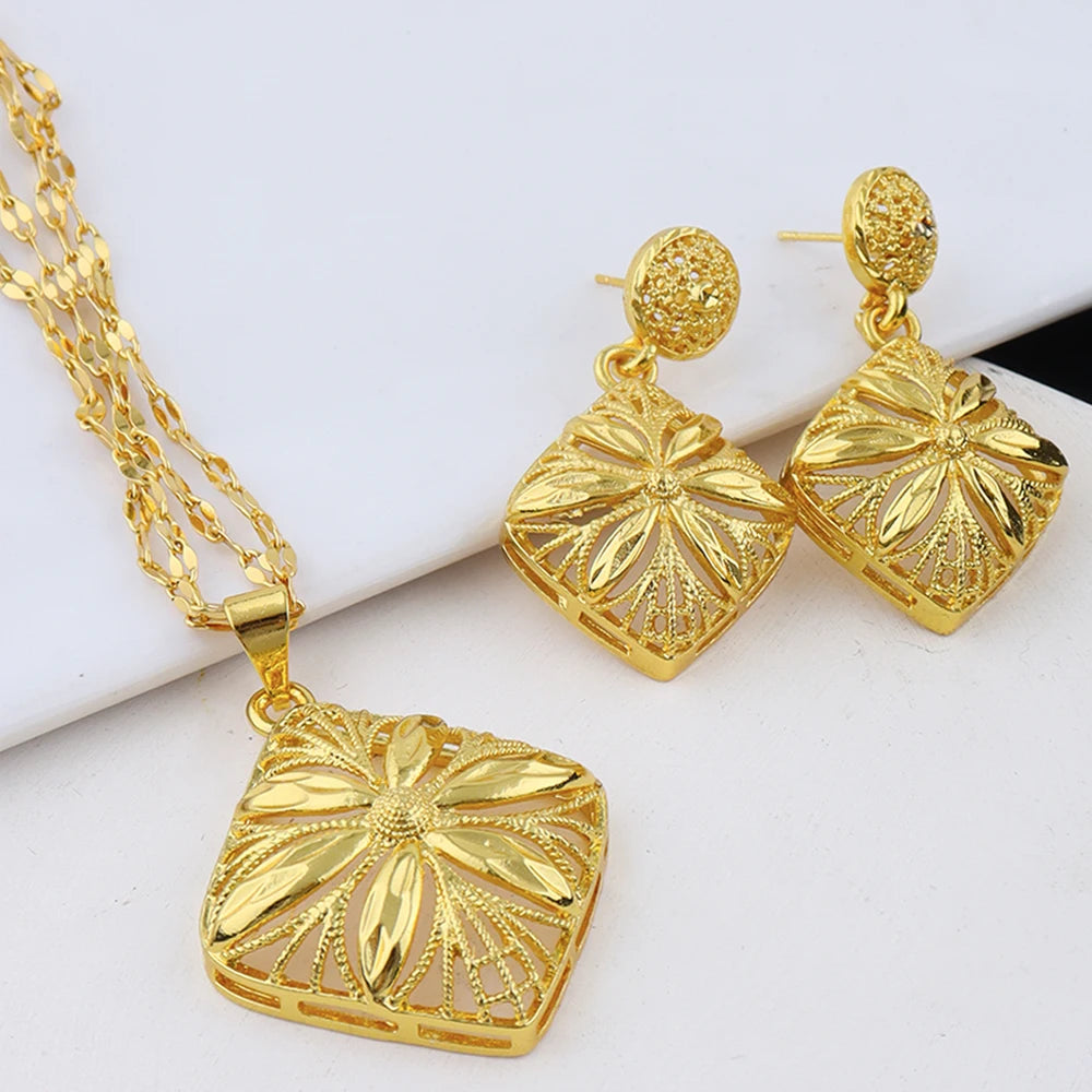 Italy French Gold Plated Rhombus Necklace Earrings Set for Women Bride Smooth Gold Color Charm Jewelry Gift for Party Wedding