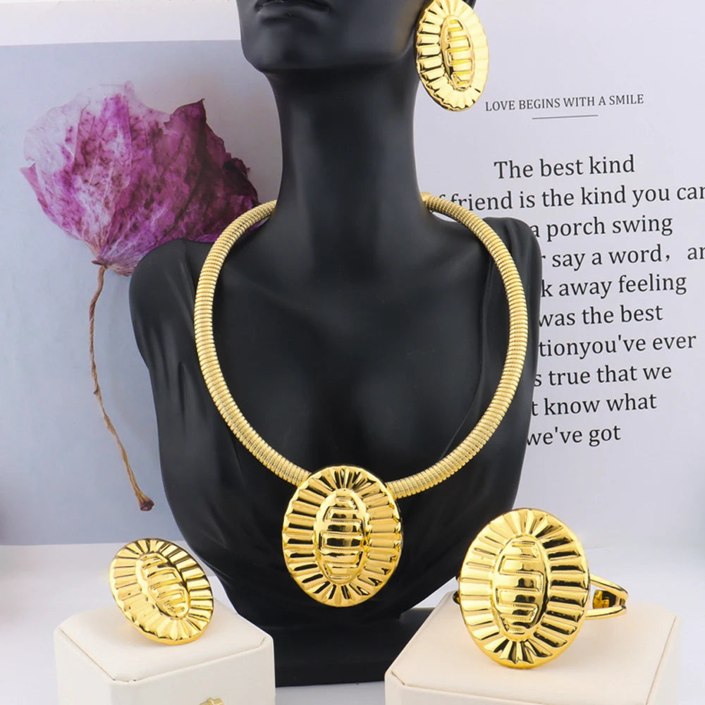 gold jewelry sets for woman Elliptical Bangle Ring necklace and earrings set Trendy Sets Gift For African Party Wedding