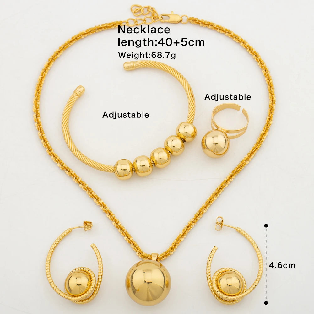 Fashion Women Beads Jewelry Set for Party 18k Gold Color Pendant Necklace and Earrings Brazilian Cuff Bangle Ring Set Party Gift