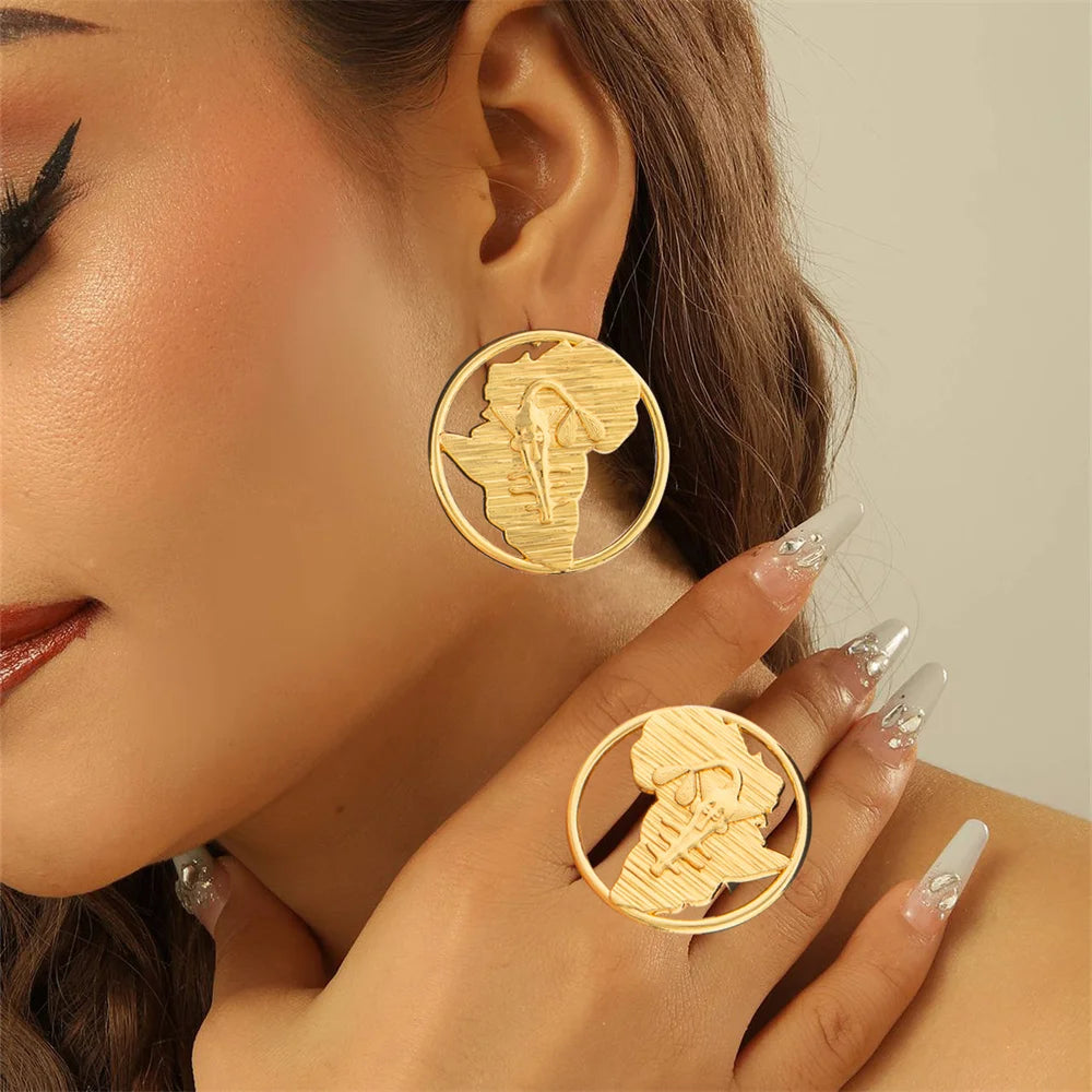 18k Gold Color Earrings with Ring Jewelry Set for Party African Weddings Bridal Clip Earrings Finger Ring Set for Ethiopia Gift