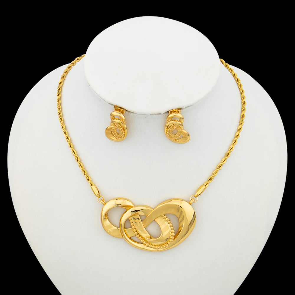 2024 Trend Golden Color Jewelry Set Clip Earrings and Pendant Necklace for African 18k Gold Color Necklace Lady Elegant Gifts