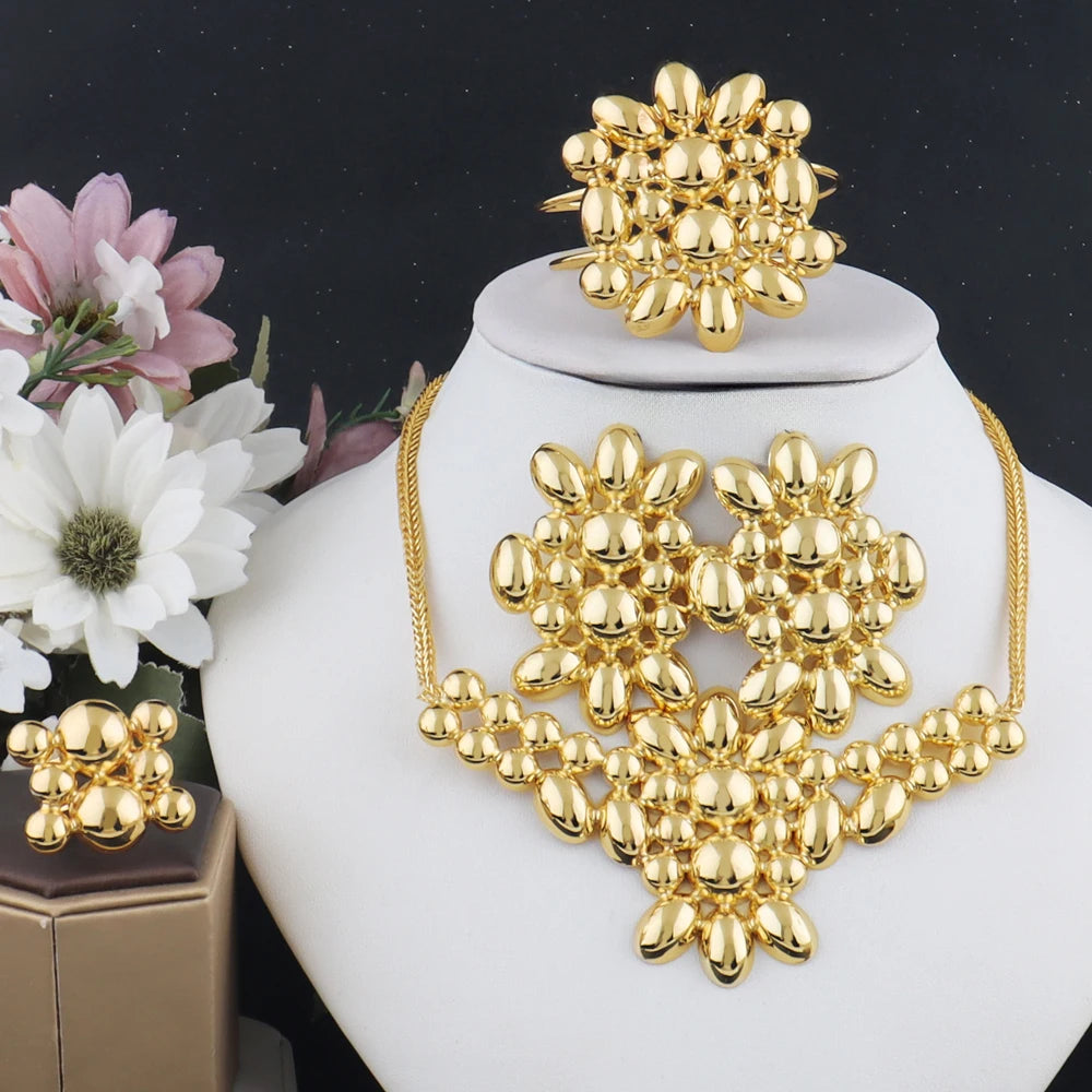 France Luxury Flower Jewelry Set For Women Dubai Gold Color Bridal Wedding Necklace Earrings Bracelet Ring Set Costume Jewelry