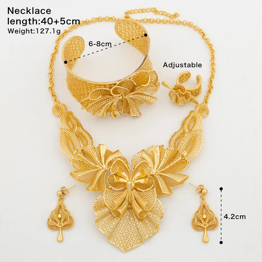 Italy Luxury Large Pendant Jewelry Set for Women Arab African Gold Plated Necklace Earrings Bangle Ring Ethiopia Bridal Gift