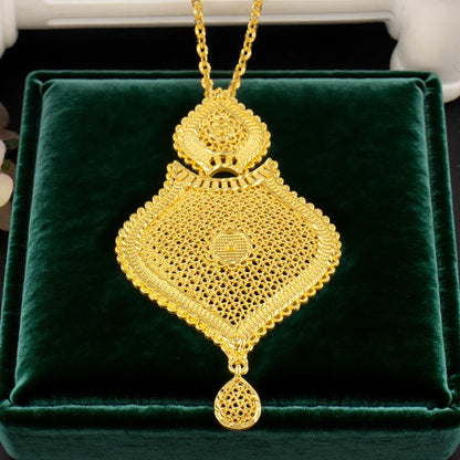 Nigerian Jewelery Set Dubai 24K Gold Color Necklace Earrings Ring Jewlery  Bridal Banquet Wedding Jewelry Set Accessories