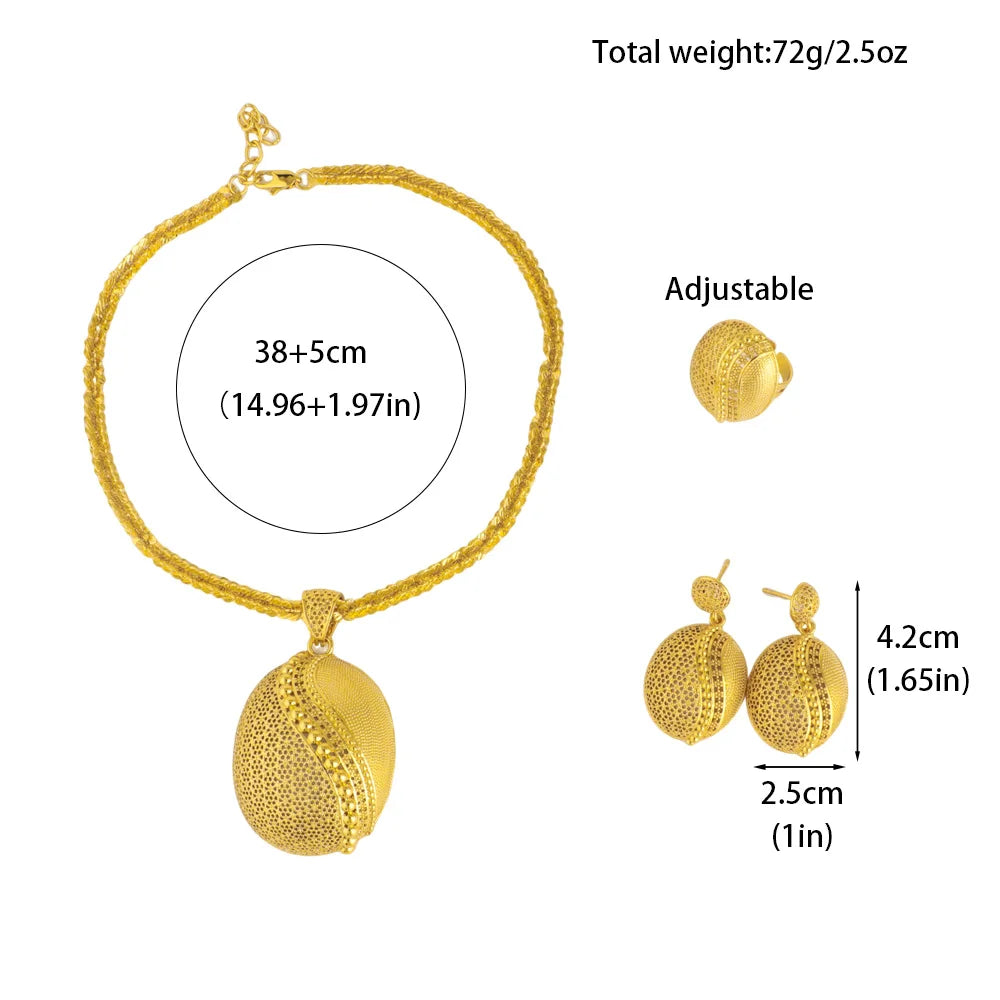 Elegant Nigerian Gold-Tone 3-Piece Jewelry Set for Women – Dubai-Inspired Egg-Shaped Necklace, Noble Stud Earrings & Luxury Rin