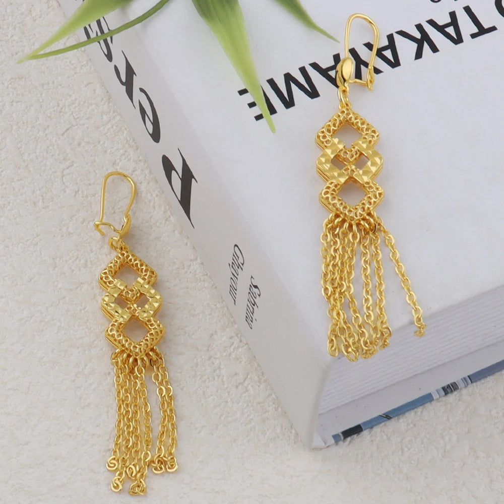 dubai style womens jewelry set 24K luxury Gold Color Long Necklace Set  Nigerian Party Bridal Wedding Necklace Earrings Set